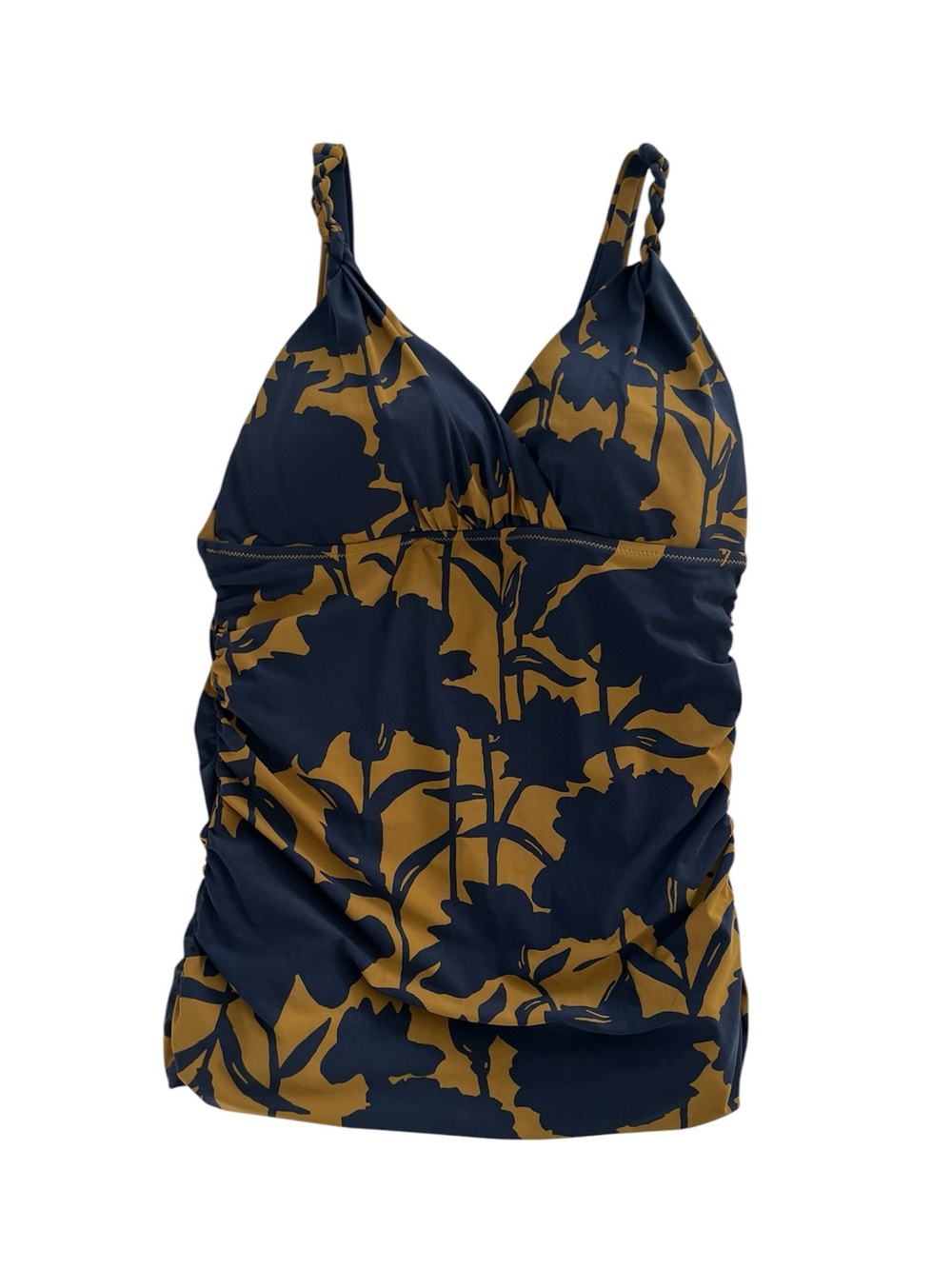 Lands End Womens 6 Tankini Swim Top Blue Gold Floral Ruched Braided Strap V Neck